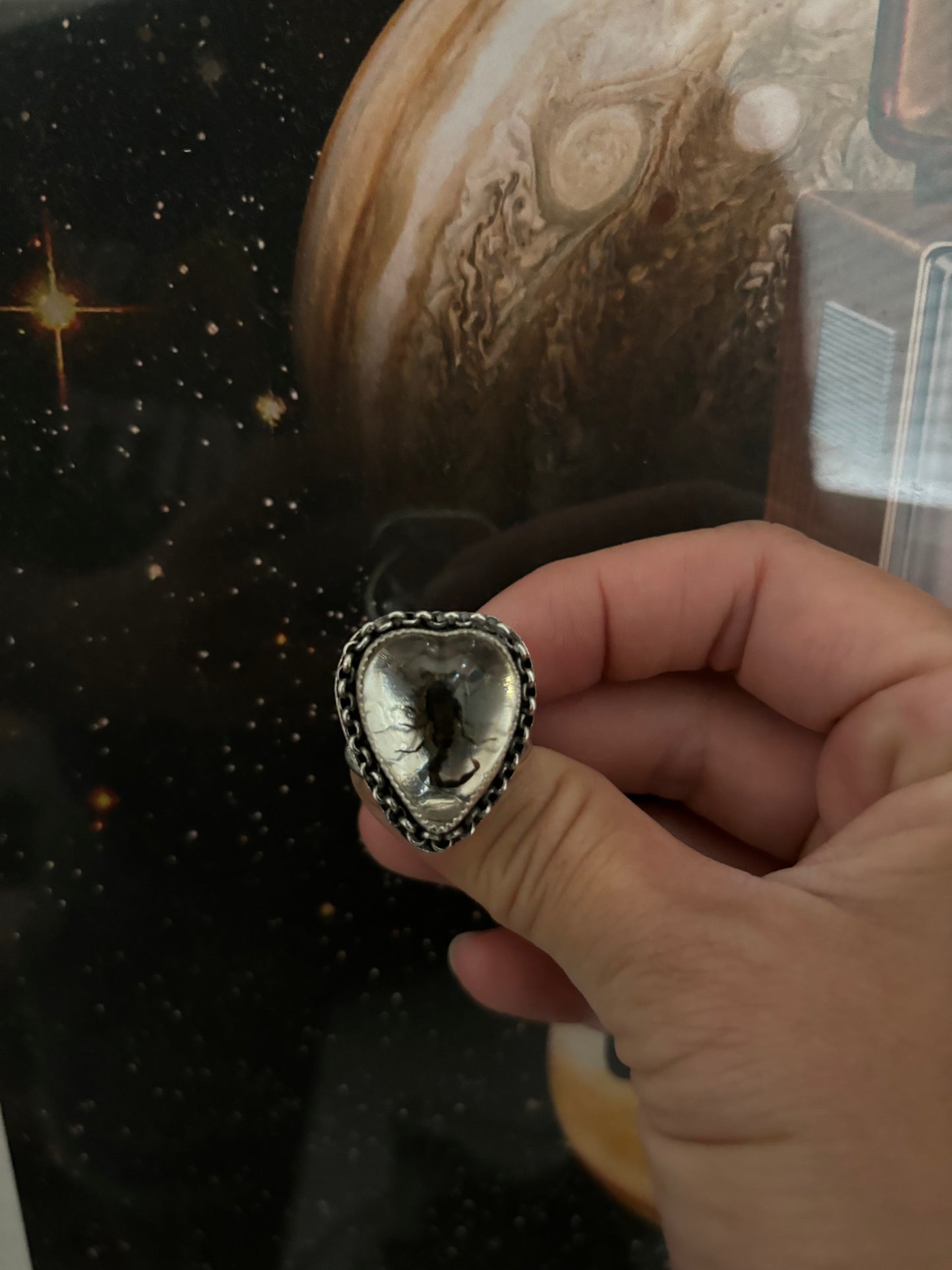 Heart Scorpion in Resin Ring - Silver