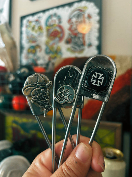 Jumbo Pins - Crazy Sal, Skull Flames, Iron Cross