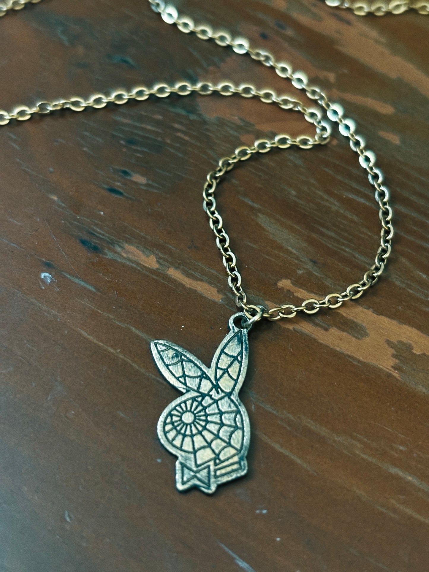 Brass Web Bunny Charm Necklace