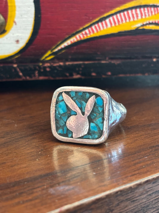 Goodtime Bunny Signet Ring - Sterling Silver Turquoise Inlay