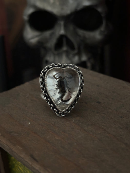 Heart Scorpion in Resin Ring - Silver